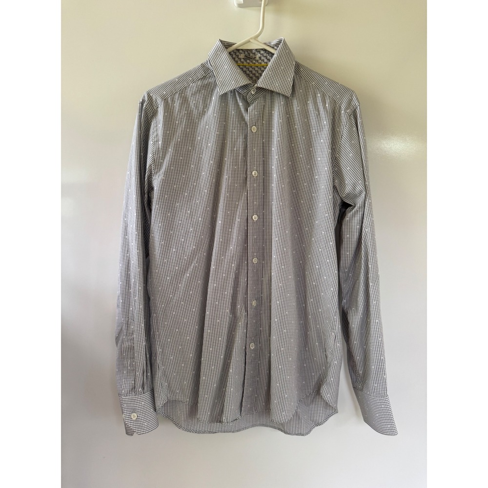 Bugatchi Uomo Mens Grey White Grid Shaped Fit Cotton Button Down Shirt L‎
